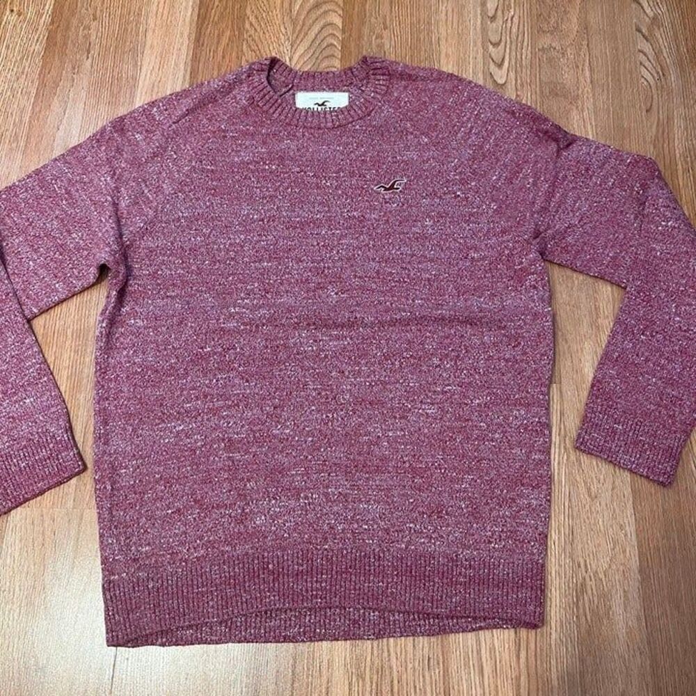 Hollister Mens Large Maroon Red White Marled Knit Crewneck Pullover Sweater Logo